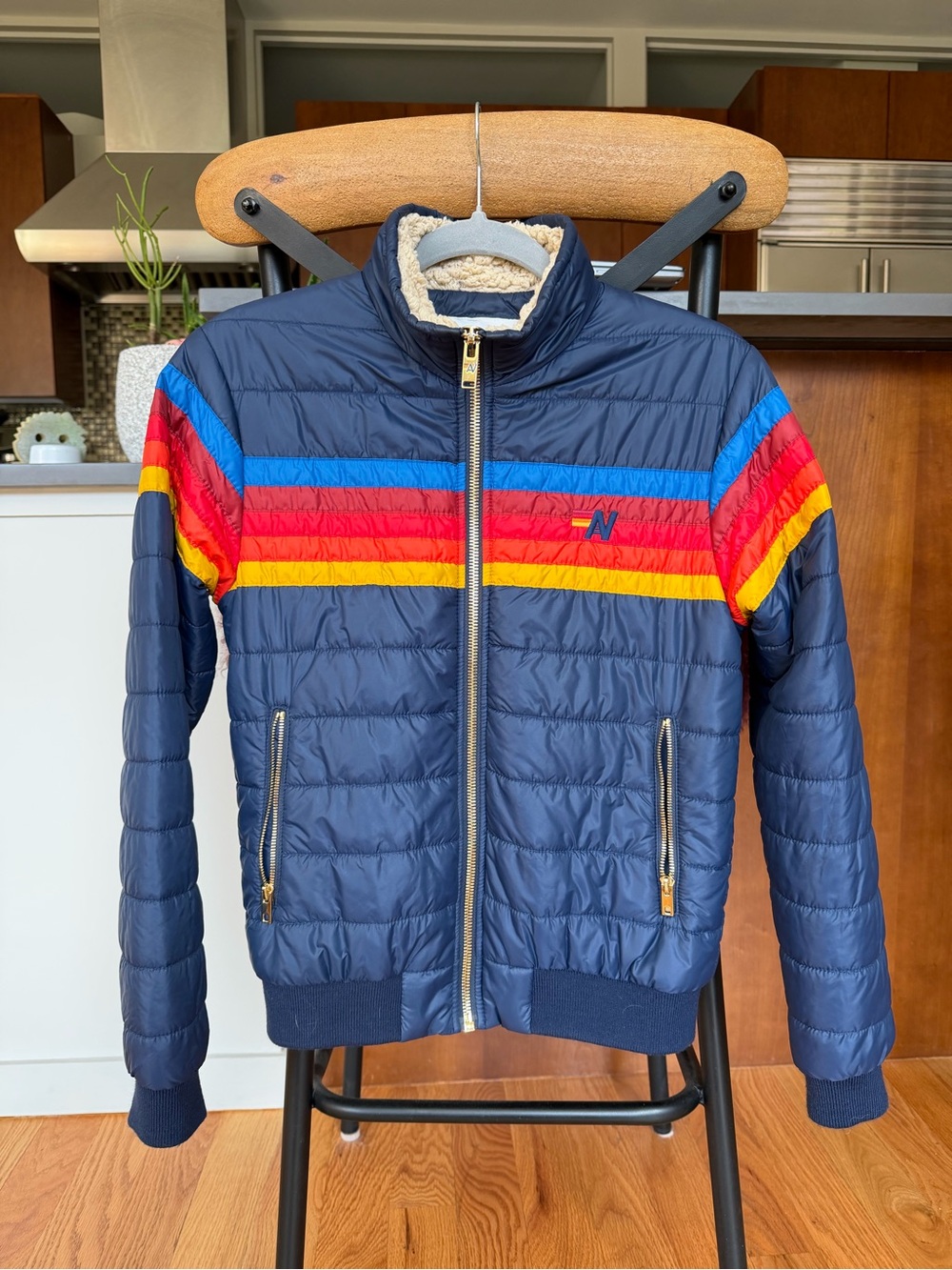 Aviator Nation NWOT Navy Puffer Jacket with Multi-Color Stripe - AV - Picture 7 of 7